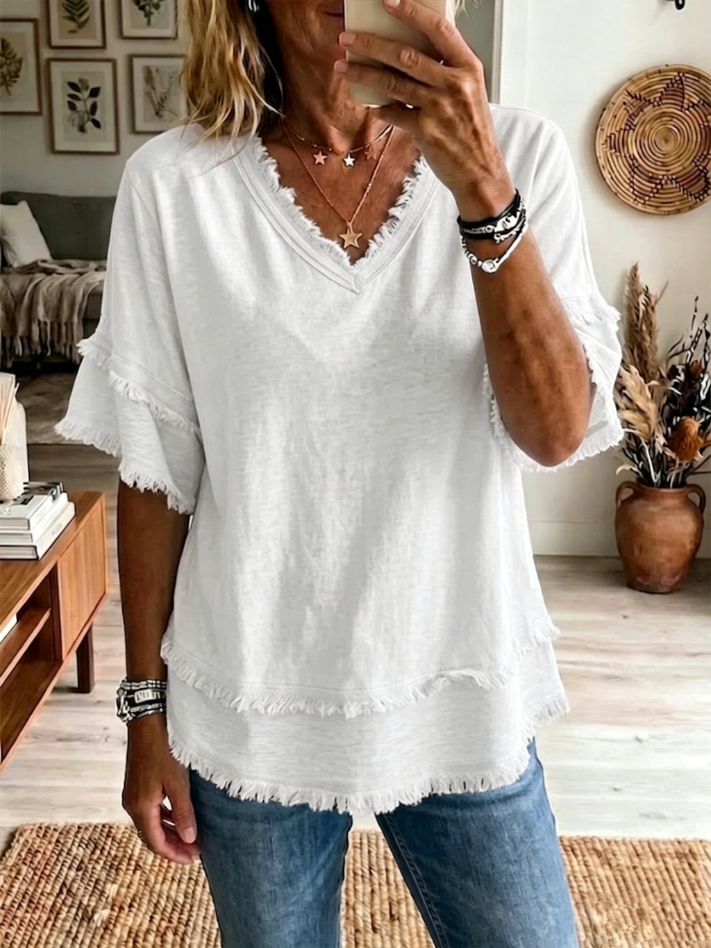 Women's V-Neck Pullover Short-Sleeve Loose Shirt