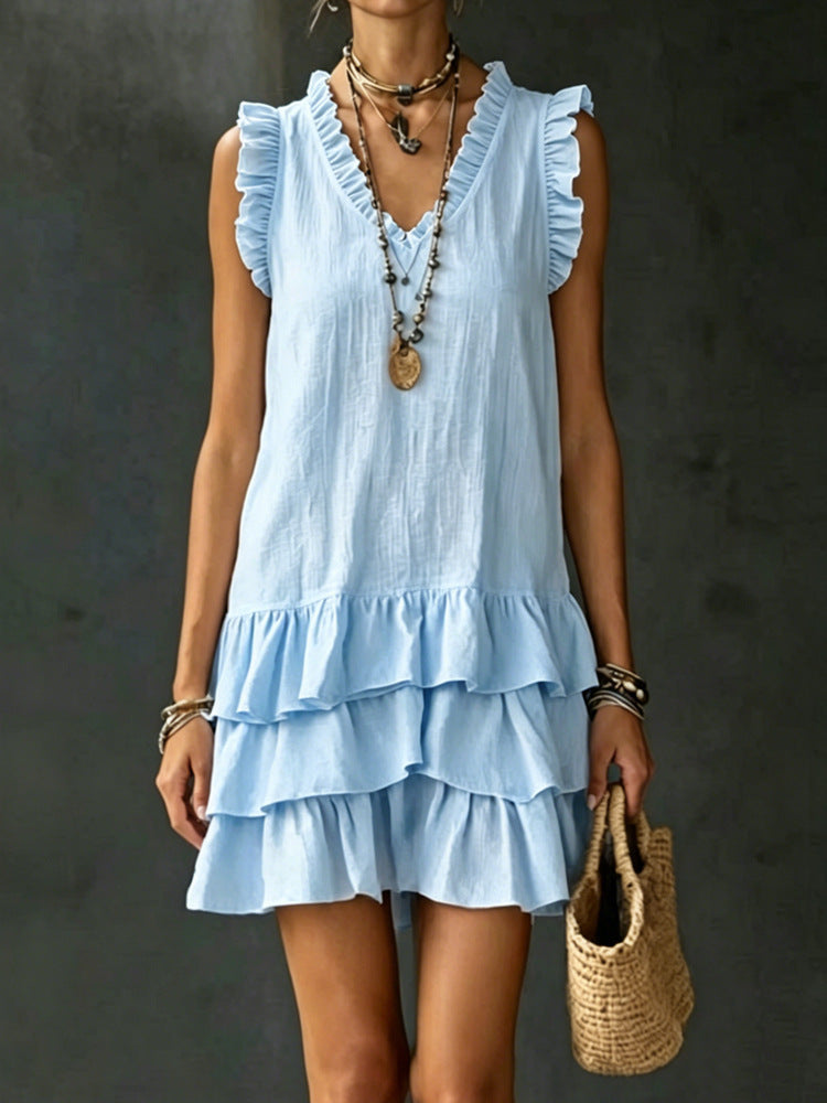 Casual V-Neck Ruffle-Trim Sleeveless Dress