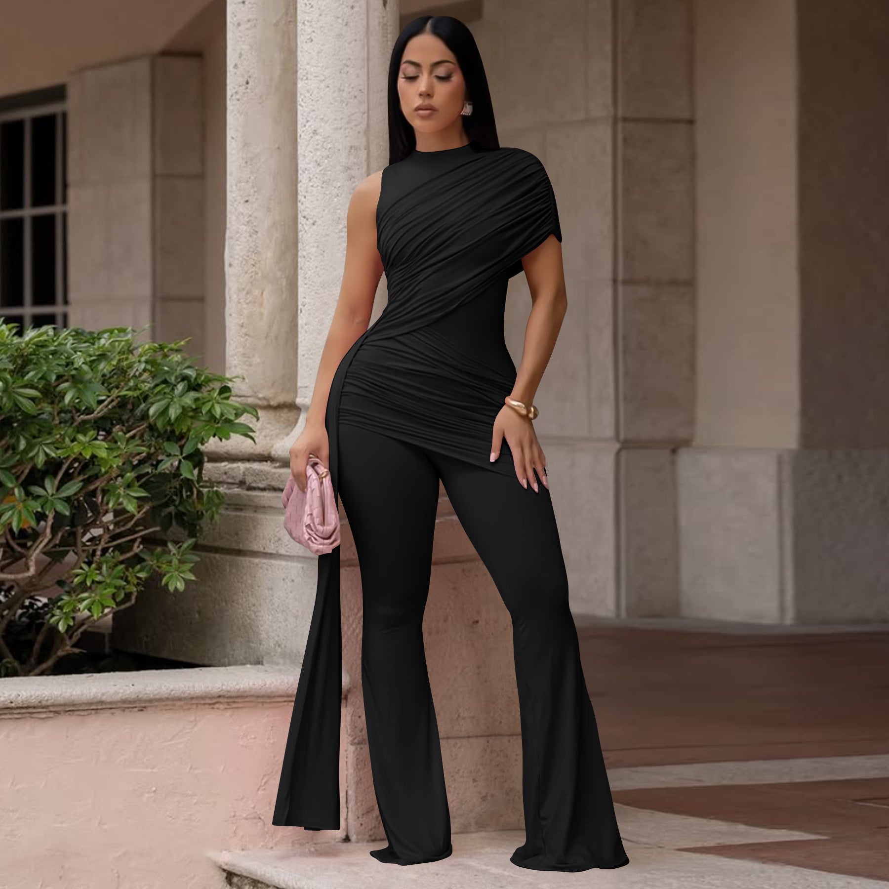 Sexy Crew-Neck Pleated Ribbon Jumpsuit