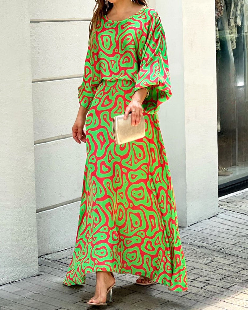 Crew Neck Print Top & Skirt Two Piece Set