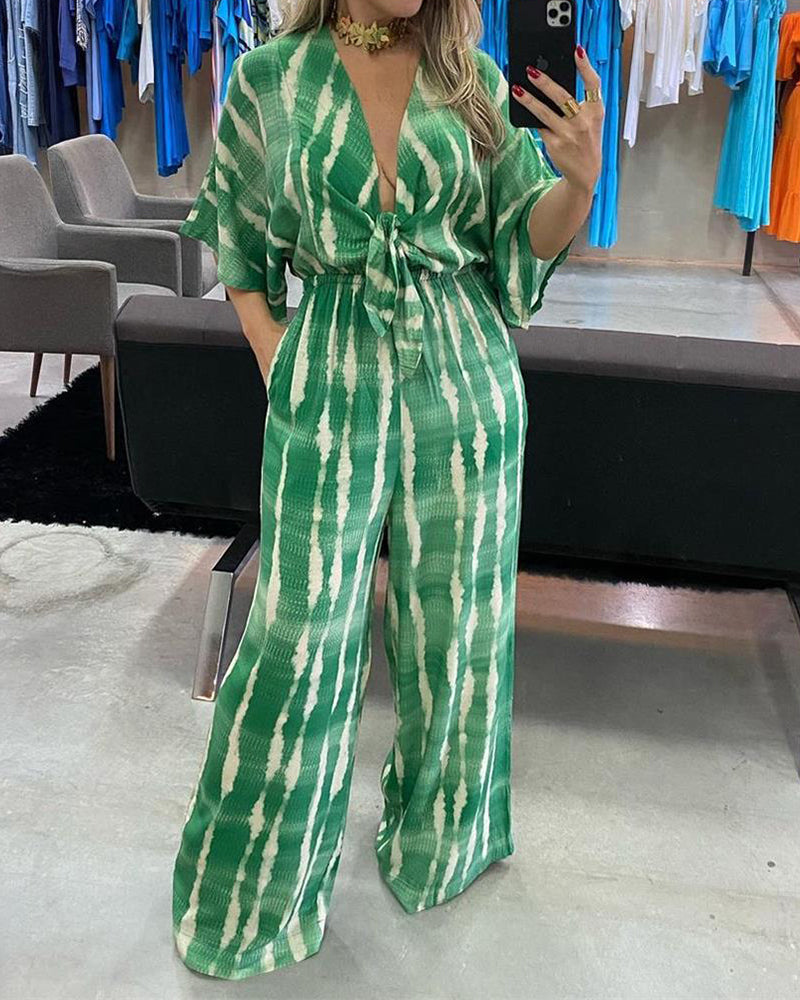 Lace-Up Printed Loose Jumpsuit