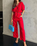 Short-Sleeved Loose Top Cotton Linen Wide-Leg Pants Two-Piece Suit
