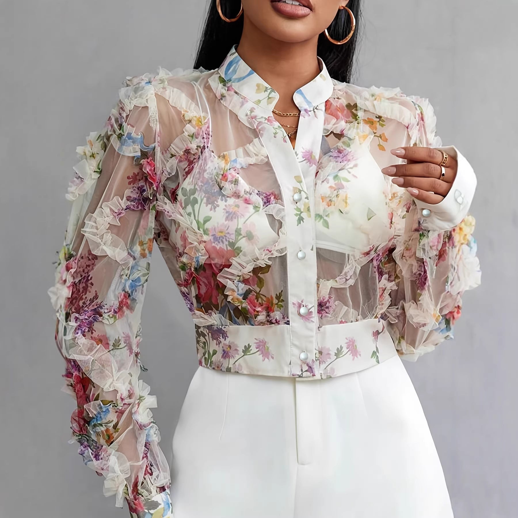 Lace Floral Chiffon Shirt Long Sleeve Ruffle-Trimmed Blouse