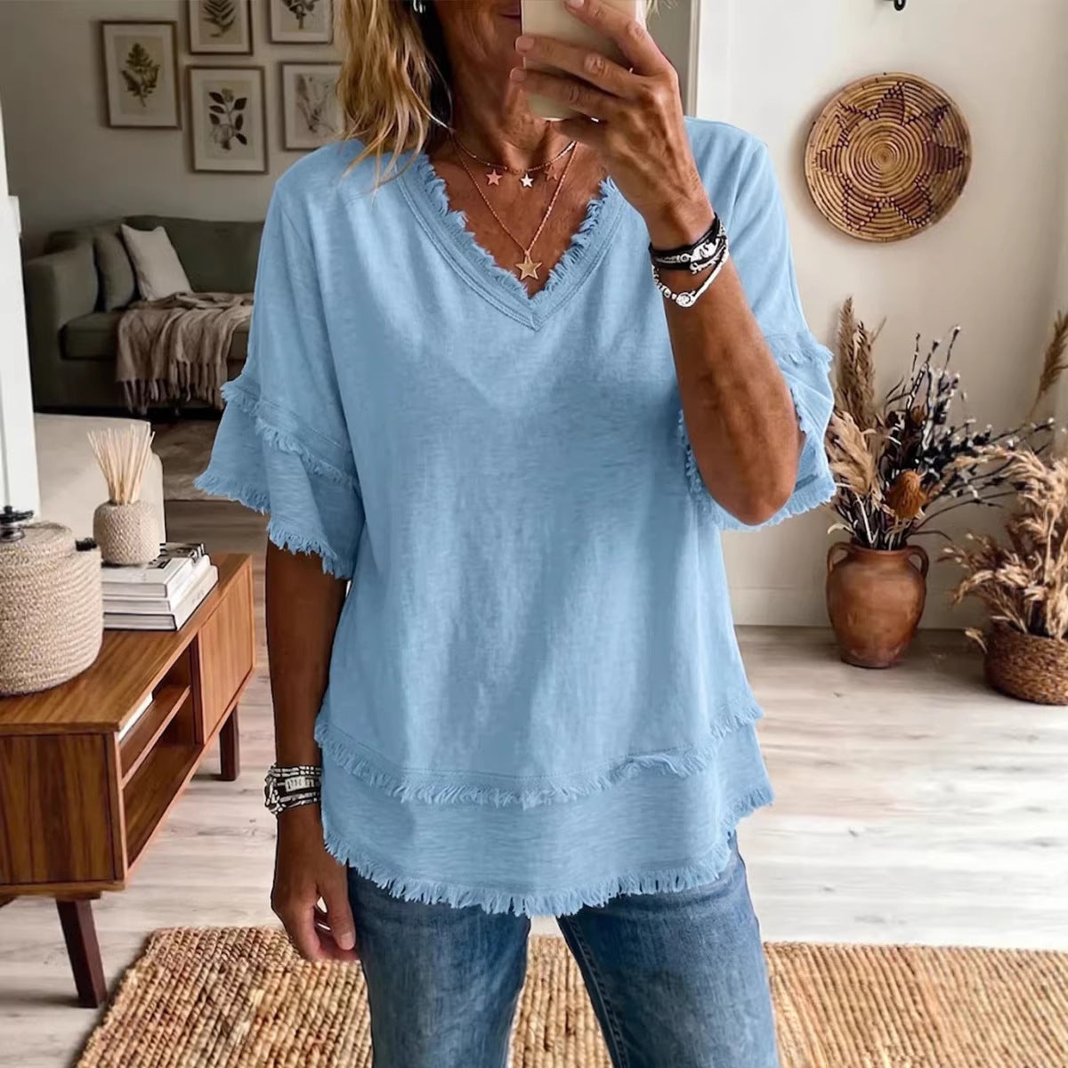 V-Neck Pullover Short-Sleeve Loose Shirt