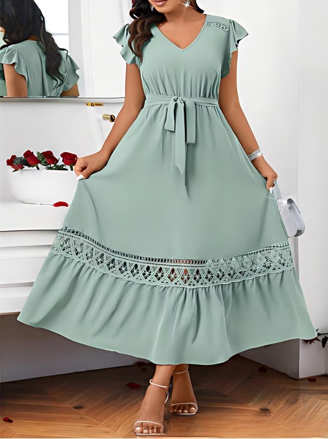V-Neck Solid-Colored Lace-Patchwork Short-Sleeve Dress