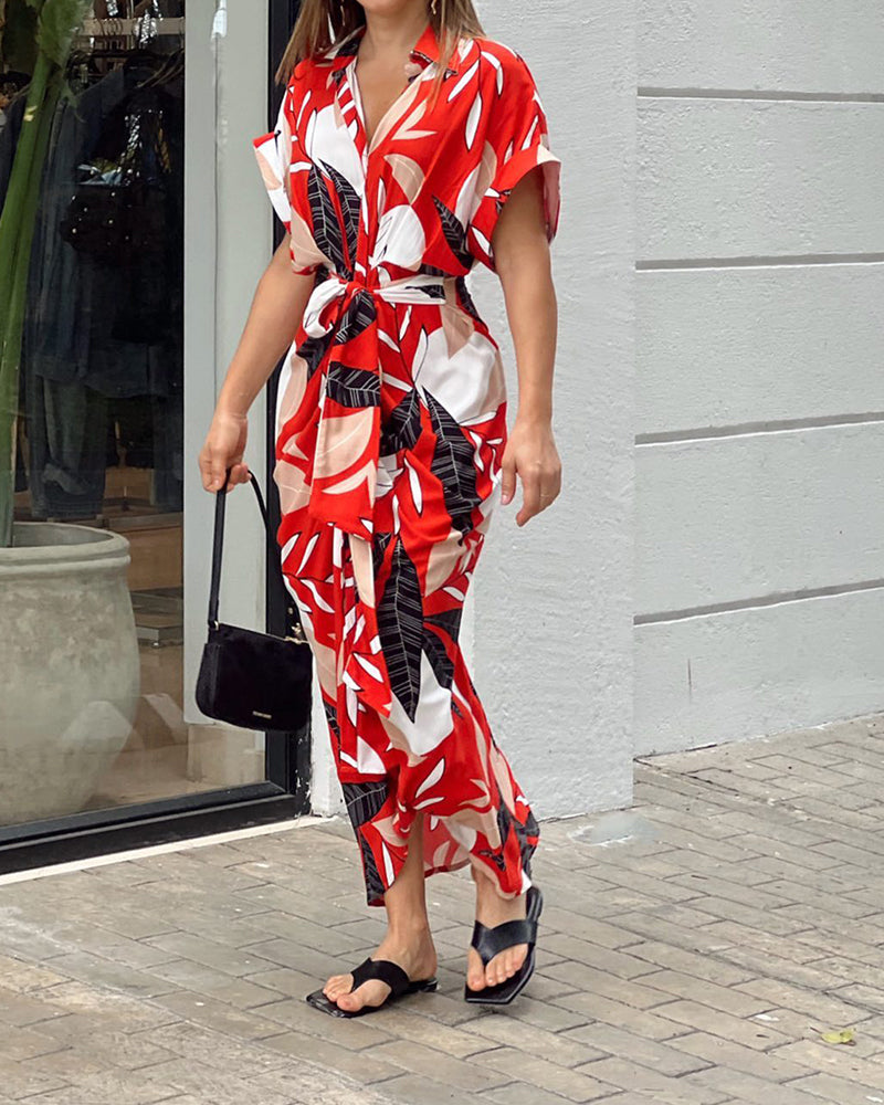 Leaf Print Lace-Up Dress