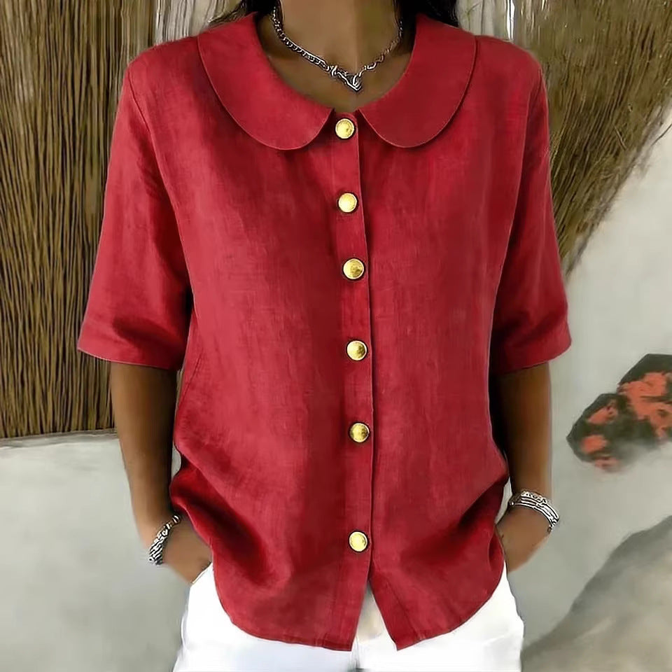 Elegant And Stylish Cotton-Linen Womens Short-Sleeve Shirt With Buttons