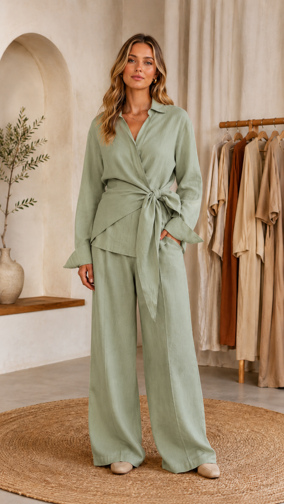 Sienna Tie-Waist Wrap Top & Wide-Leg Pants Two-Piece Set