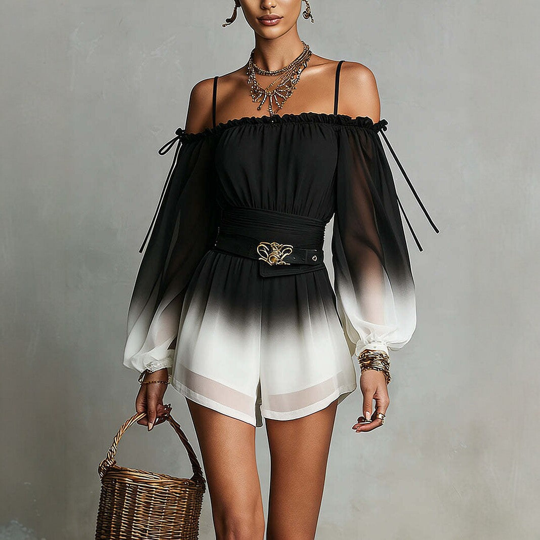 Off-Shoulder Ombre Jumpsuit Womens Summer Sexy Bandage Waist-Fitted Fashionable Shorts With Belt