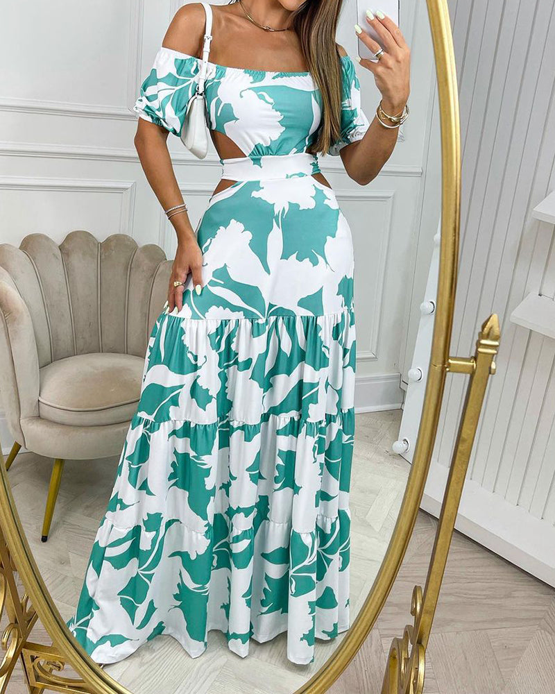 Off-The-Shoulder Printed Cutout Lace-Up Dress