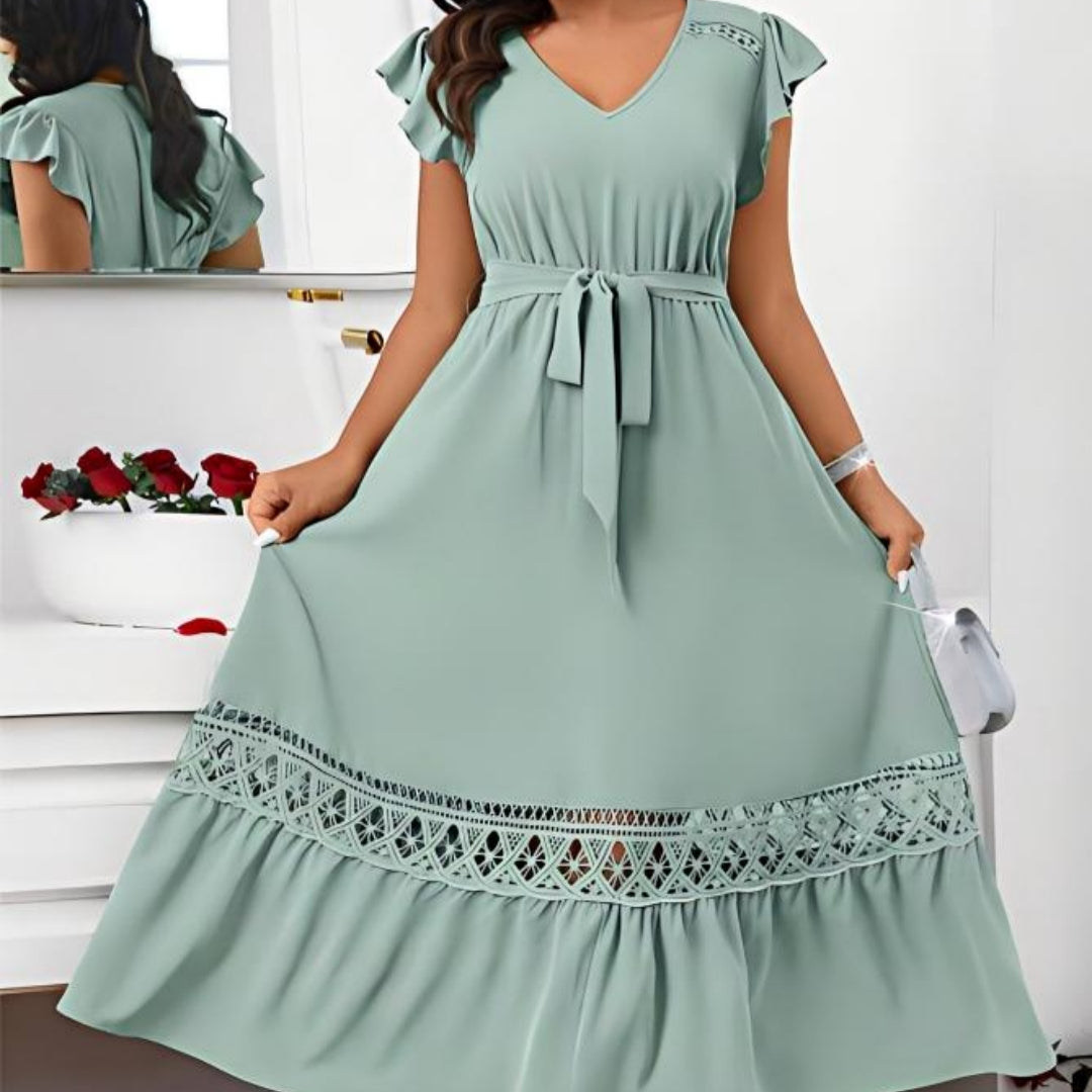V-Neck Solid-Colored Lace-Patchwork Short-Sleeve Dress