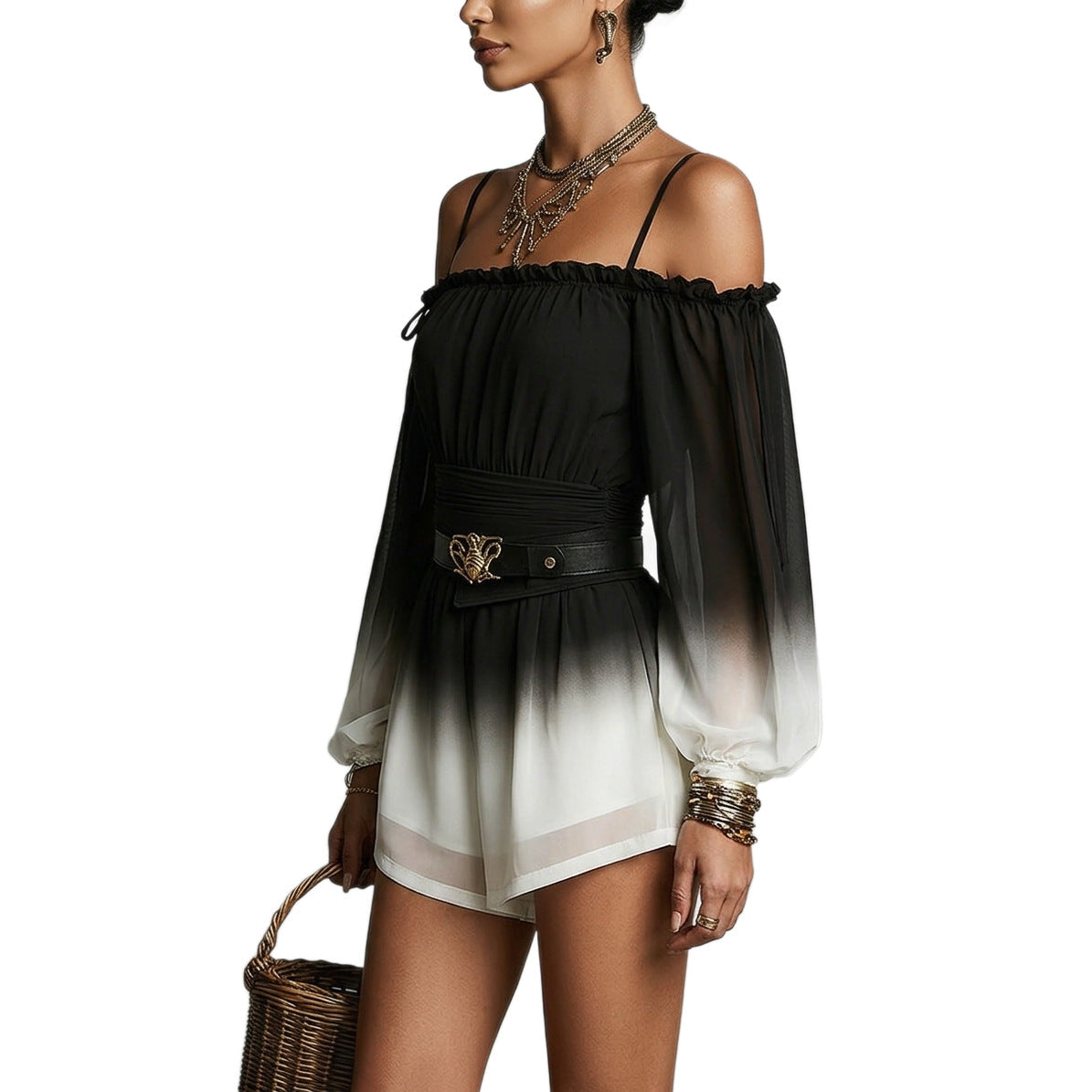 Off-Shoulder Ombre Jumpsuit Womens Summer Sexy Bandage Waist-Fitted Fashionable Shorts With Belt