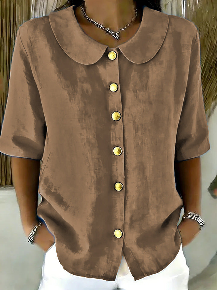 Elegant And Cotton-Linen Short-Sleeve Shirt With Buttons