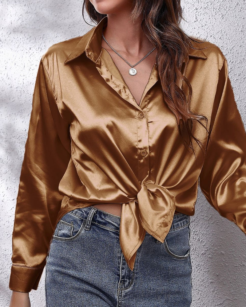 Solid Color Lapel Long Sleeve Shirt