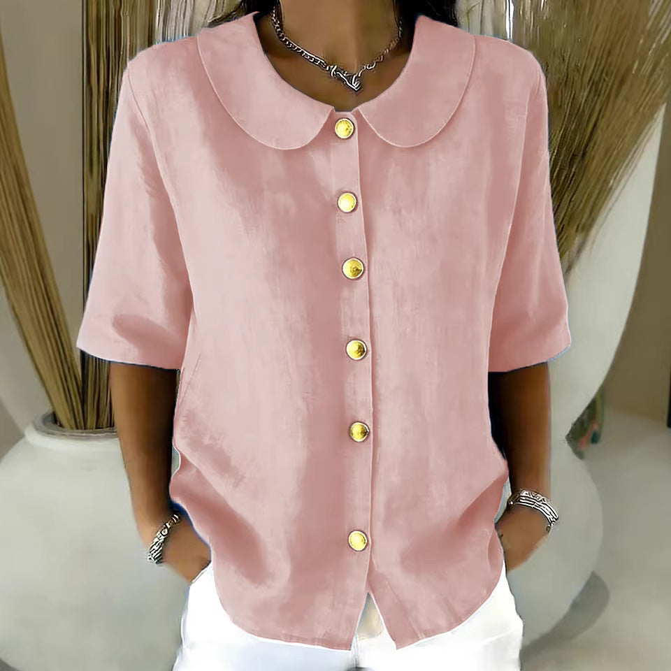 Elegant And Stylish Cotton-Linen Womens Short-Sleeve Shirt With Buttons