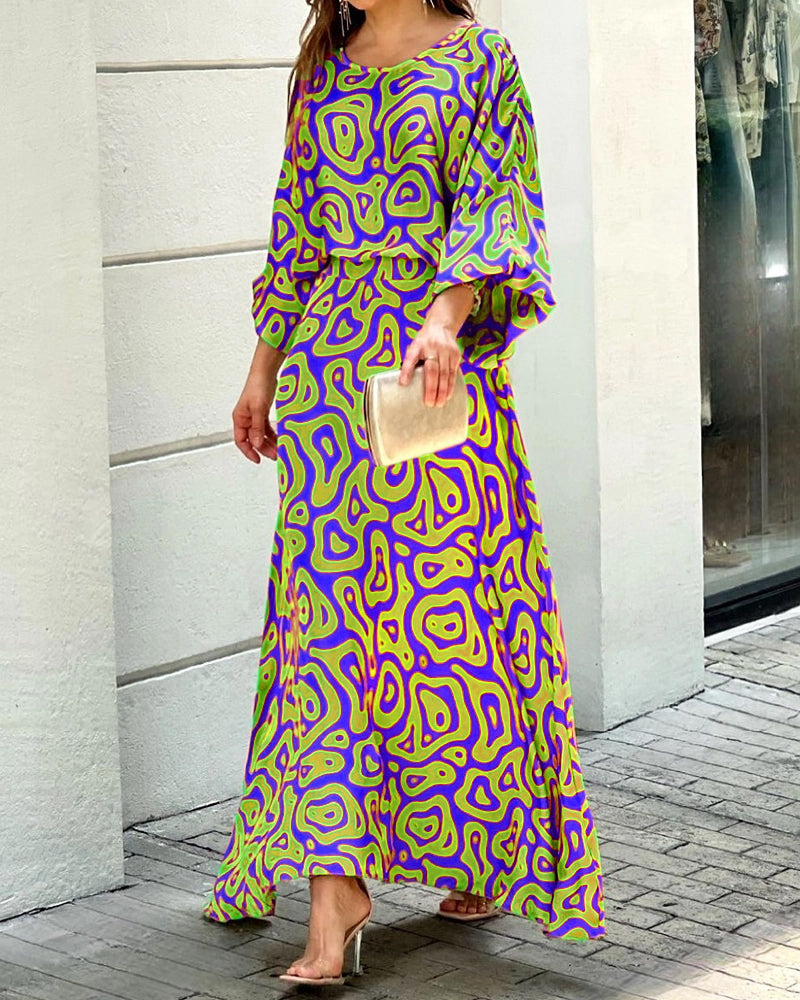Crew Neck Print Top & Skirt Two Piece Set