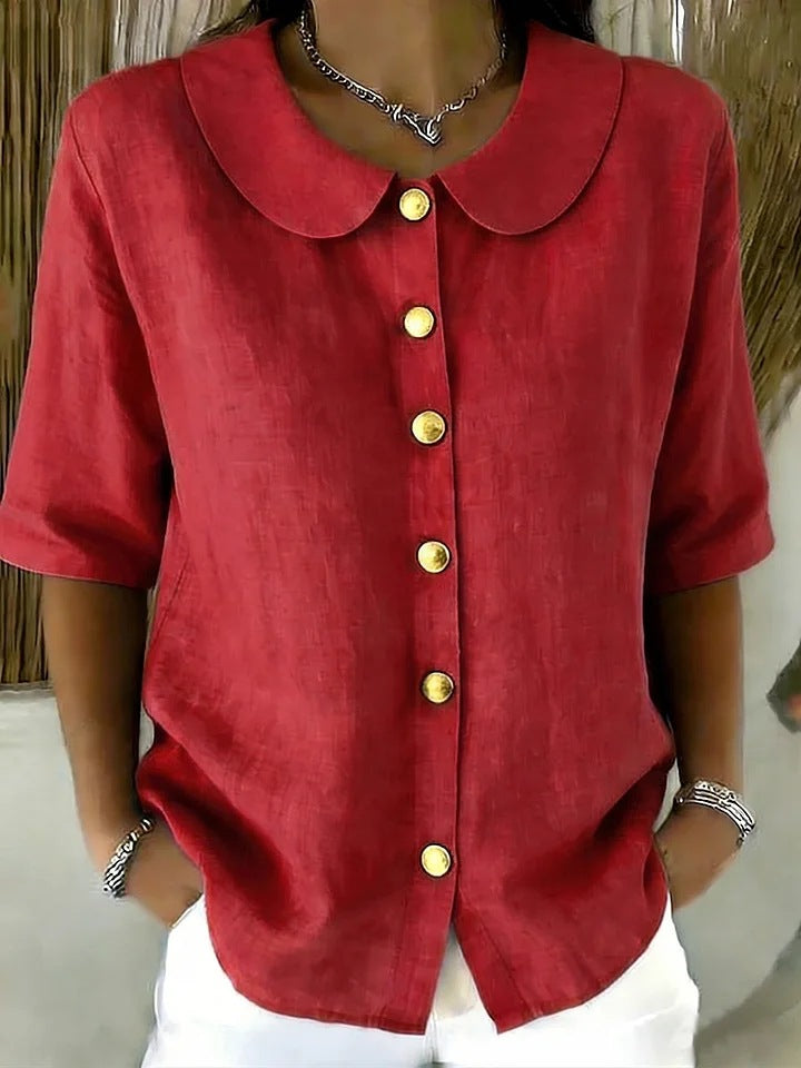 Elegant And Cotton-Linen Short-Sleeve Shirt With Buttons