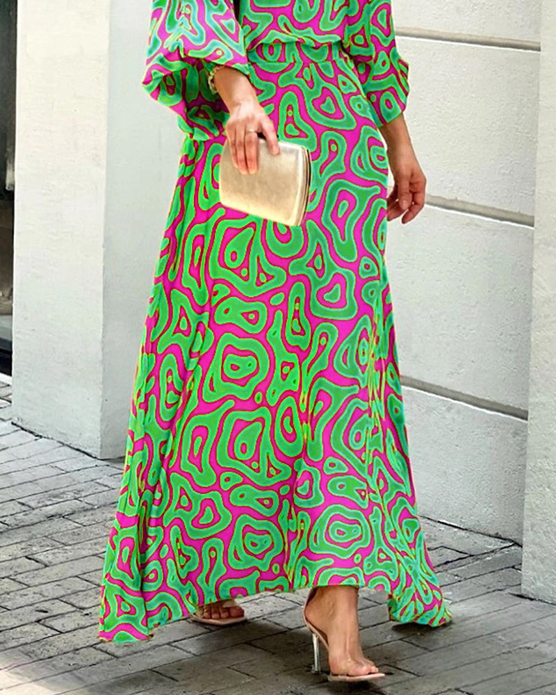 Crew Neck Print Top & Skirt Two Piece Set