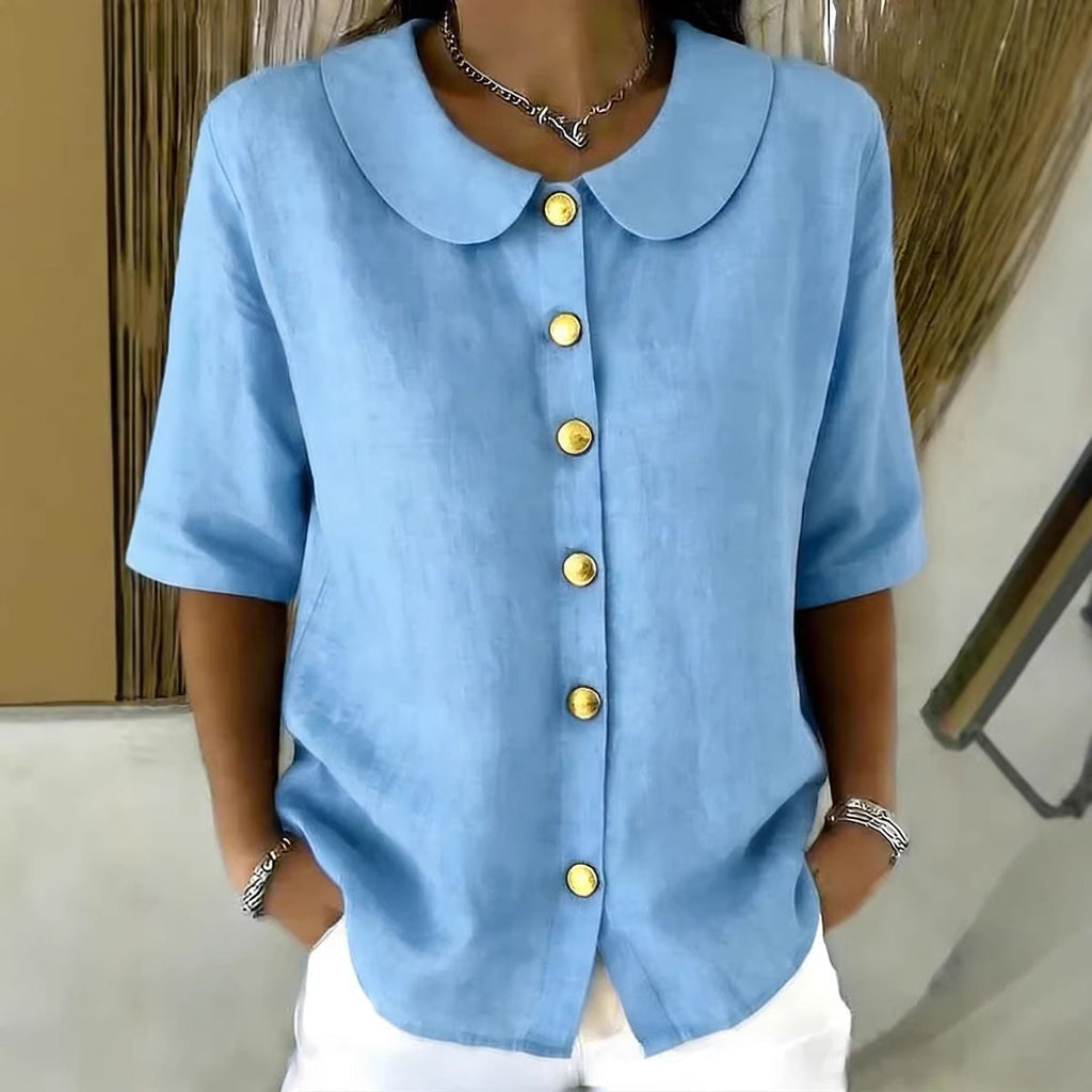 Elegant And Stylish Cotton-Linen Womens Short-Sleeve Shirt With Buttons