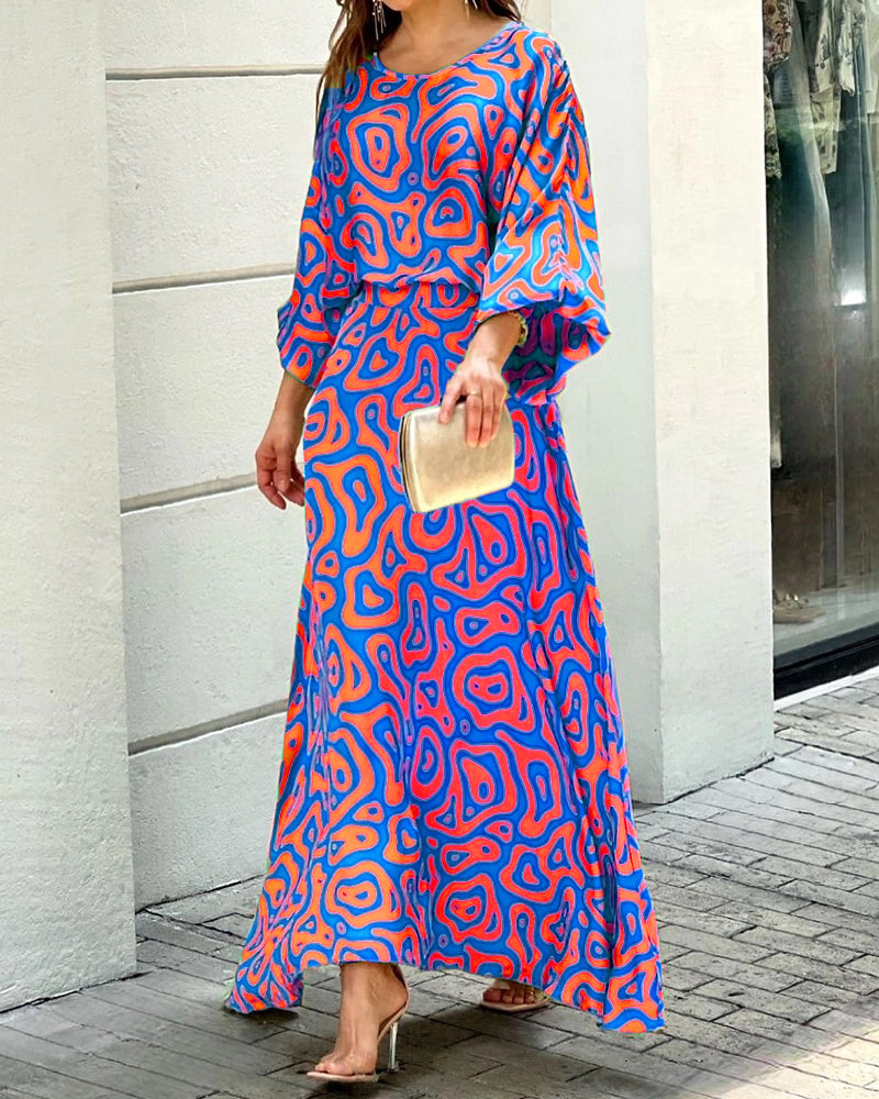 Crew Neck Print Top & Skirt Two Piece Set