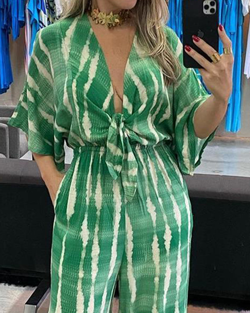 Lace-Up Printed Loose Jumpsuit