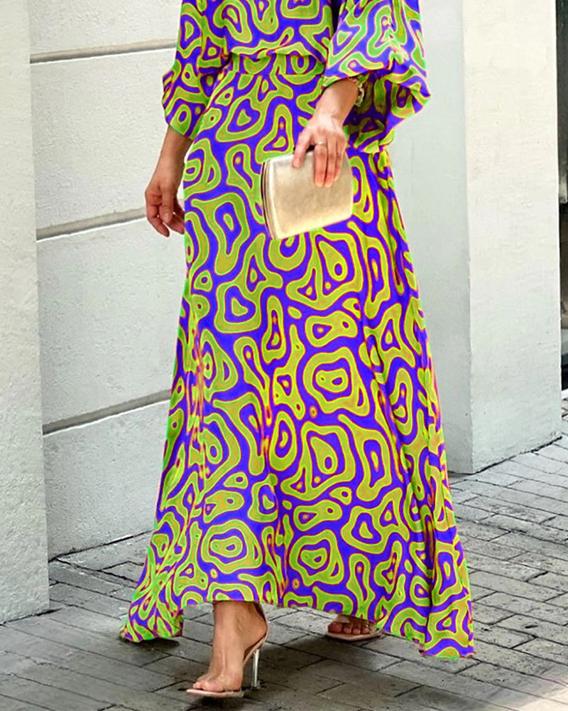 Crew Neck Print Top & Skirt Two Piece Set