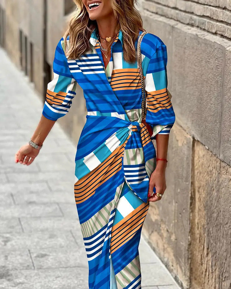 Printed Long-Sleeve Lace-Up Dress