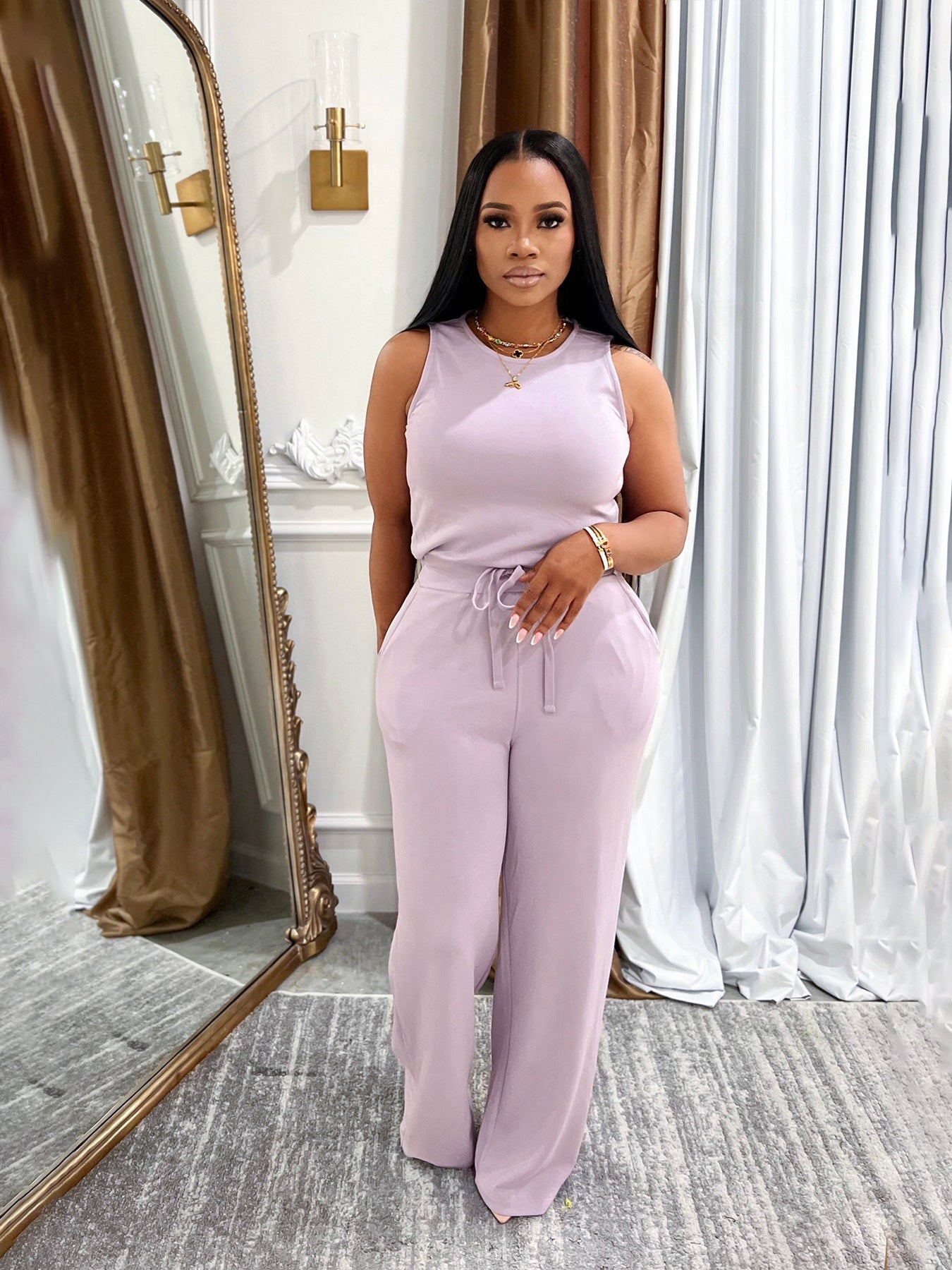 Summer New All-Match EuropeanAmerican Style Fashionable Slimming Casual Solid-Colored Lace-Up Jumpsuit