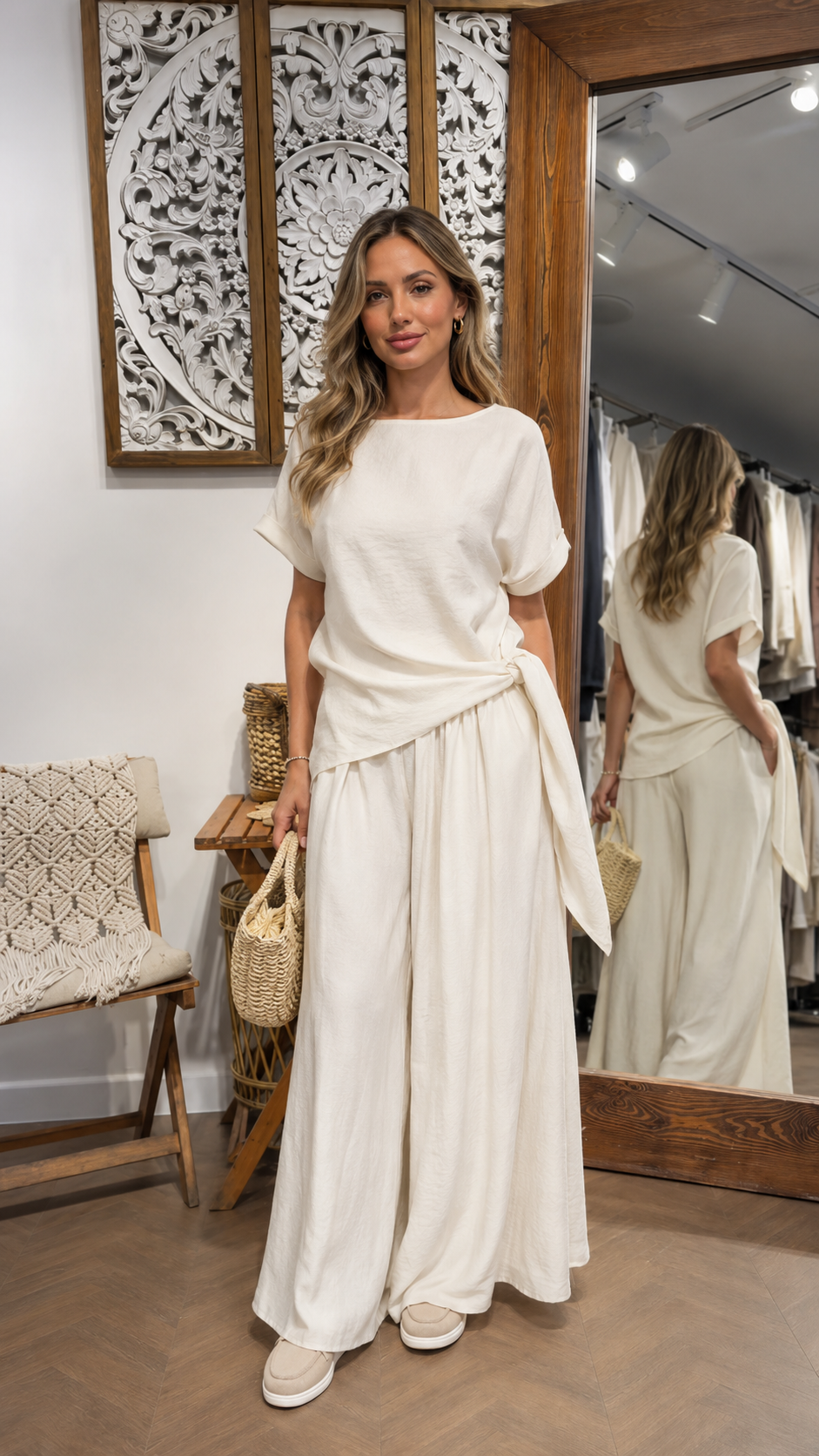 Luna Tie-Front Top & Flowing Wide-Leg Pants Two-Piece Set