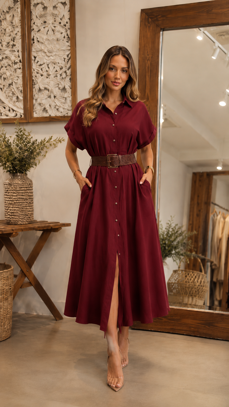 Belted Button-Up Midi Shirt Dress