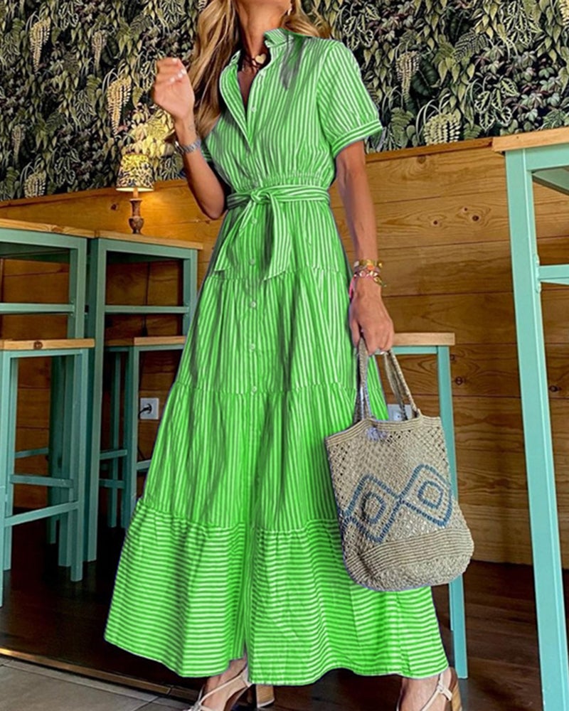 Striped Short Sleeves Loose Mid Length Dress